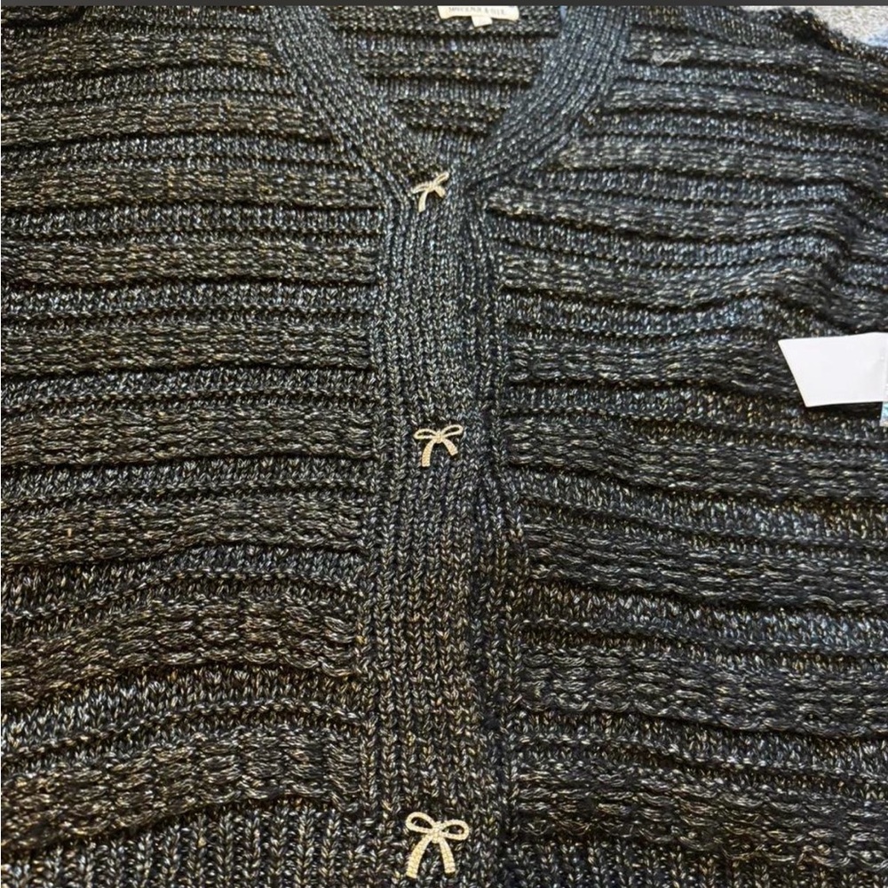 Metallic Black V-Neck Rhinestone  Bow-Button Cardigan - Picture 2 of 7